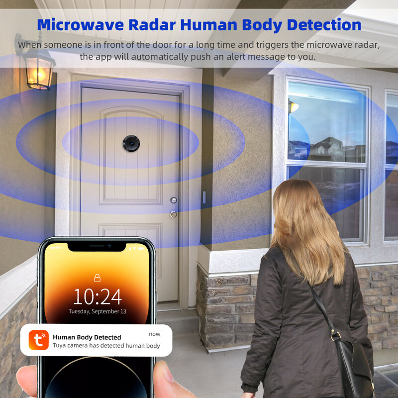 Tuya Smart 1080P 2.4G WiFi Mini kamera ochrony Radar mikrofalowy wykrywanie przez człowieka cyfrowe wizjery do drzwi