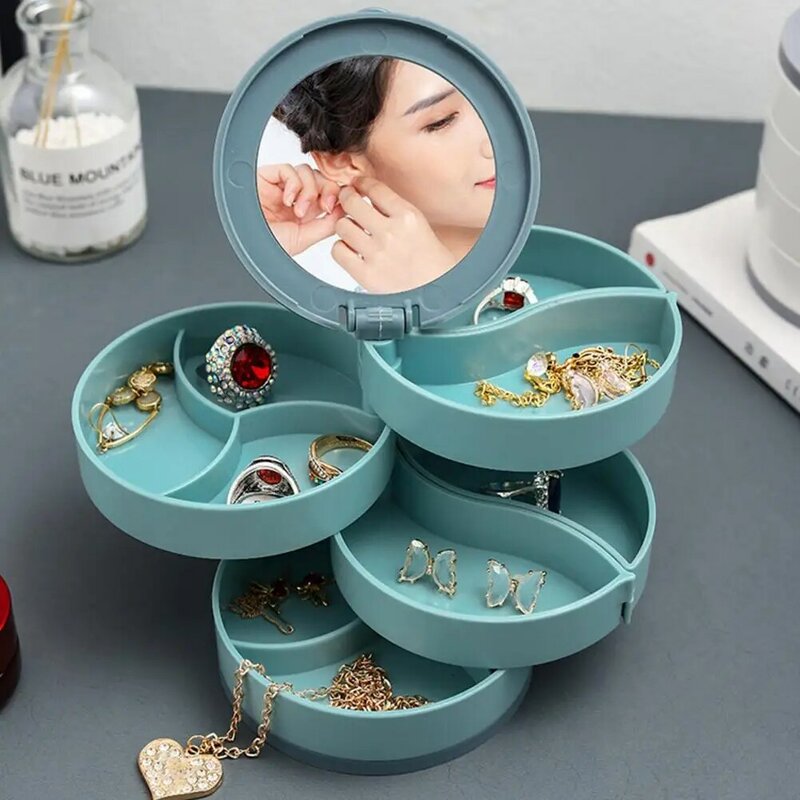 Pudełko do przechowywania biżuterii wielowarstwowe obrotowe plastikowe stojak na biżuterię z lustrem kolczyki pudełko na pierścionek kosmetyki uroda pojemnik organizator