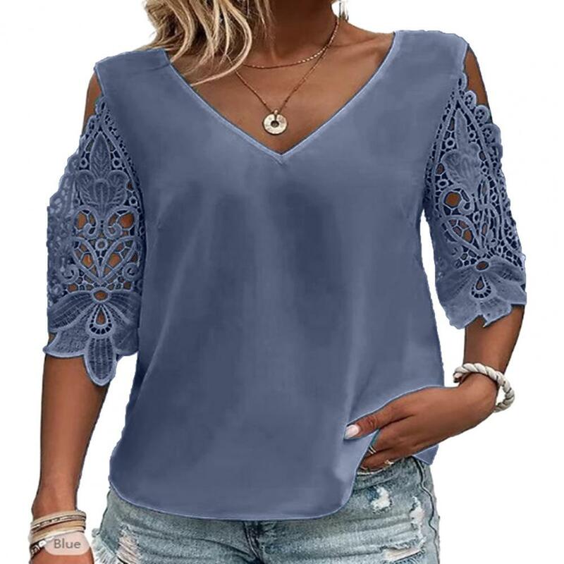V-Neck Cold Shoulder Shirt Top Blouse Women Hollow Lace Stitching Half Sleeve Thin Casual Loose Solid Color Tops Daily Clothing