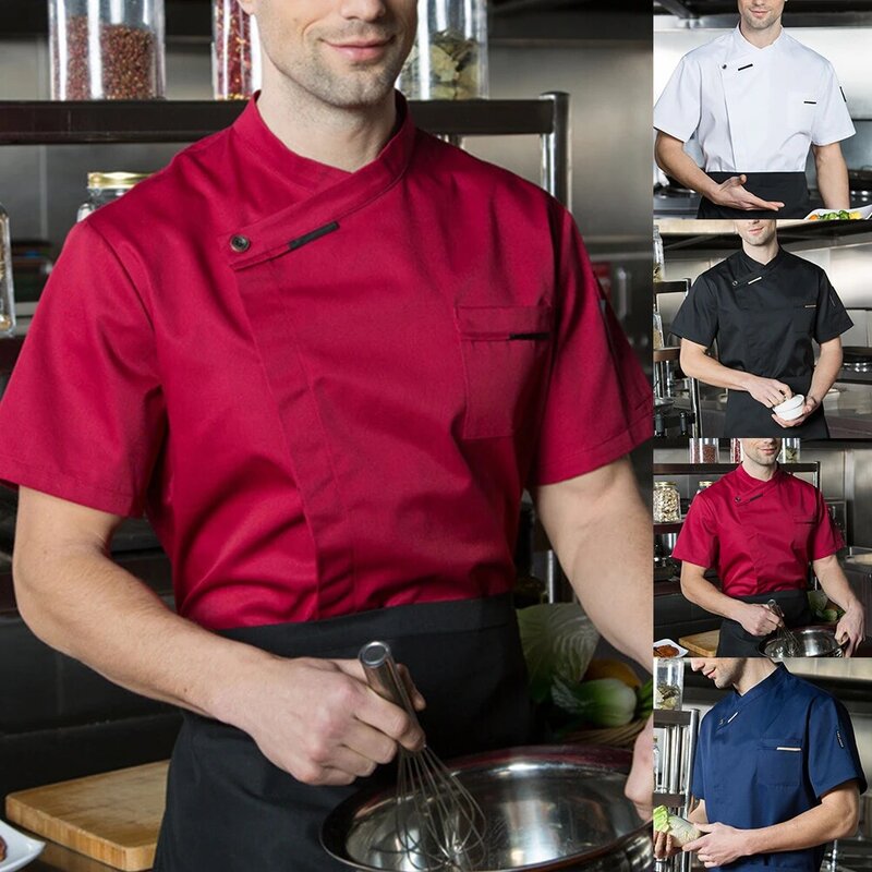 Uniforme de chef trespassado unissex, tops de manga curta para homens, camisa respirável para cozinha, hotel, café, cozinheiro, roupas de trabalho