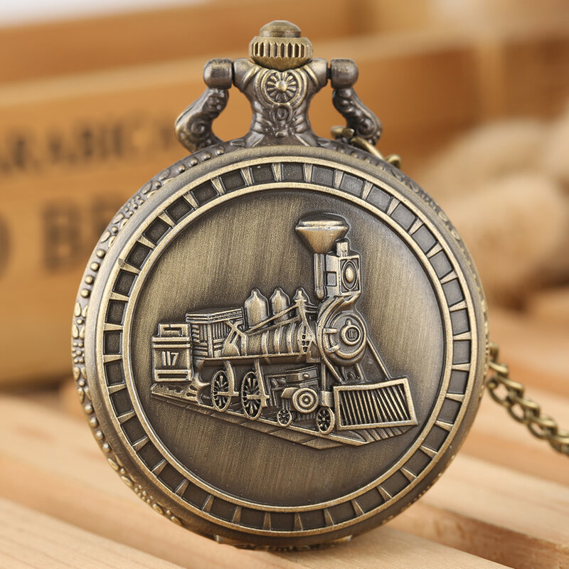 Vintage prezenty pociąg parowy brązowy zegarek kieszonkowy mężczyźni kobiety z naszyjnikiem łańcuch arabski cyfry kwarcowy analogowy zegar wisiorek Retro
