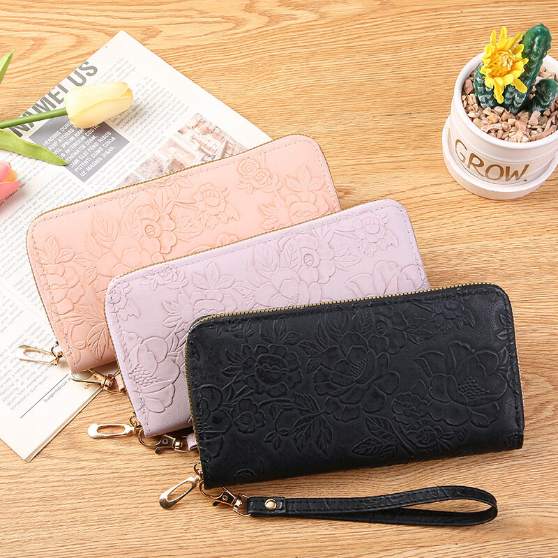 女性のためのジッパー付きの長いお金のバッグ,女性のための携帯電話の財布,エンボス加工されたデザイン,ファッショナブルでミニマリスト