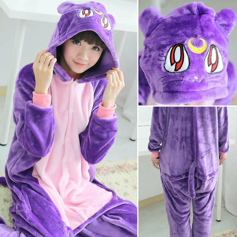 Onesies kucing ungu mata besar, baju tidur satu potong Piyama untuk dewasa, baju tidur flanel hangat