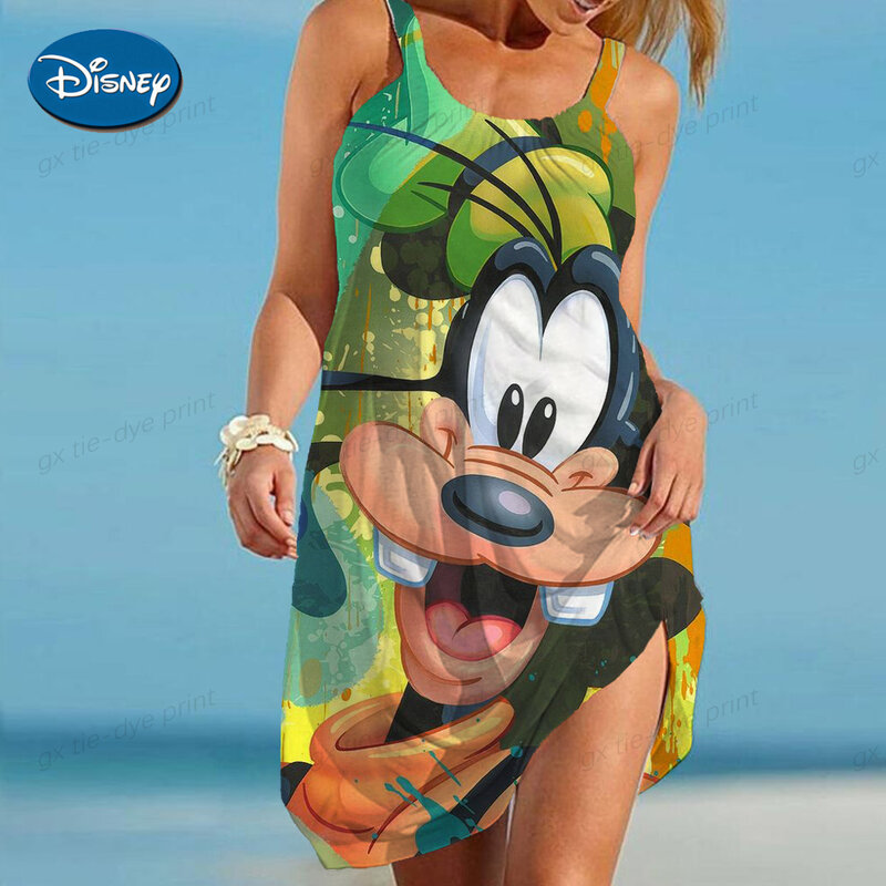 2024 Sleeveless Disney Goofy Print Bandage Cut Out Maxi Dress Summer Women Fashion Sexy Beach style Party Club Elegant Top