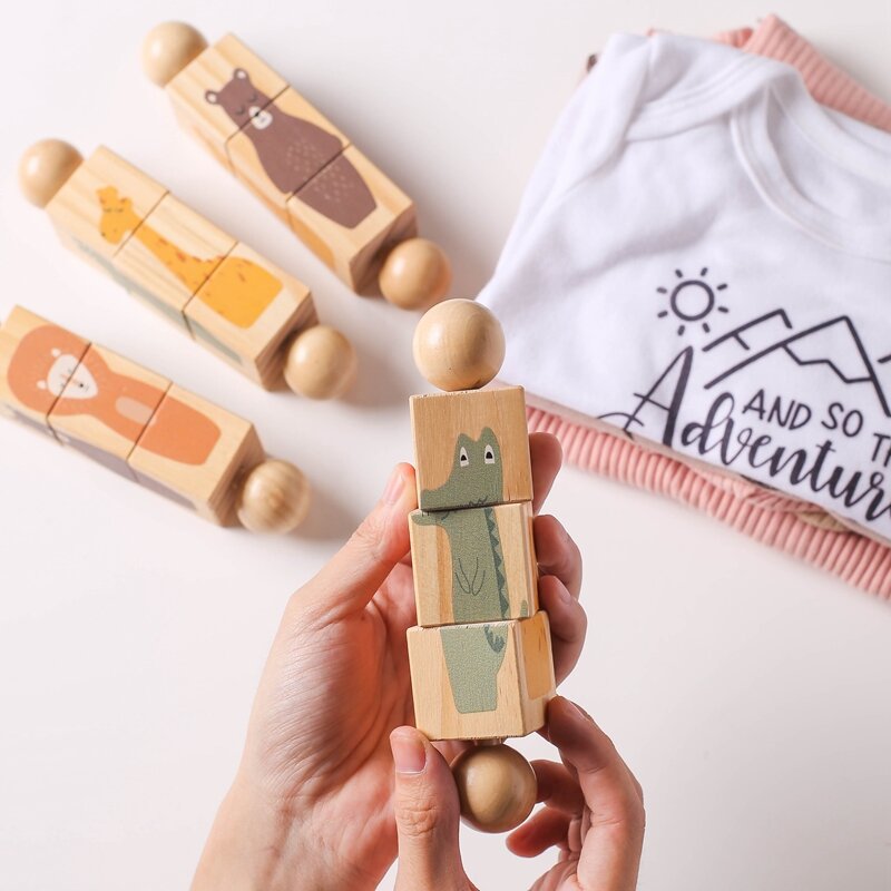 1pc Baby Wooden Rotating Rattle Animal Matching Building Blocks Newborn Soothing Toy Rotating Puzzle Montessori Toys for Babys