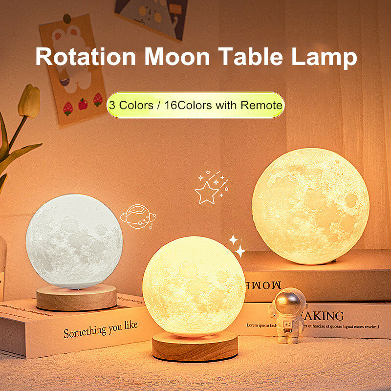 Lámpara de noche de luna 3D creativa, luz de noche Lunar giratoria de 360 ° para habitación de oficina en casa, Control táctil, lámpara Led de escritorio de 3 o 16 colores