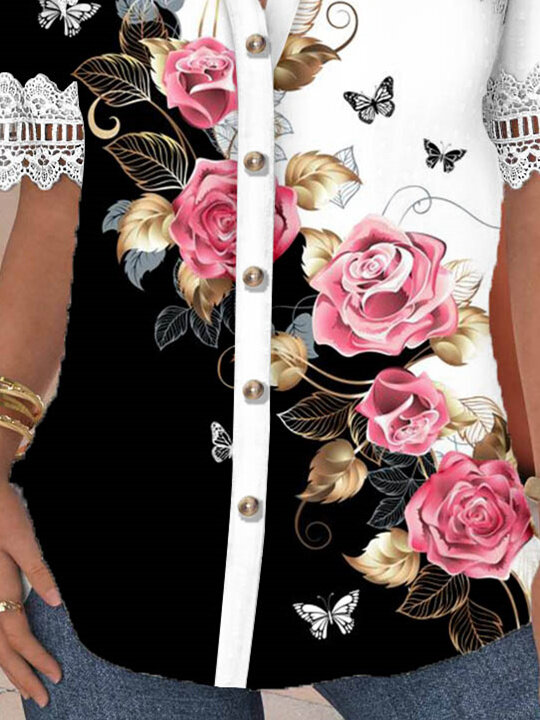 Plus Size Women's Short Sleeve V Neck Floral Print Pattern Lace Cutout Stitching Button Shirt