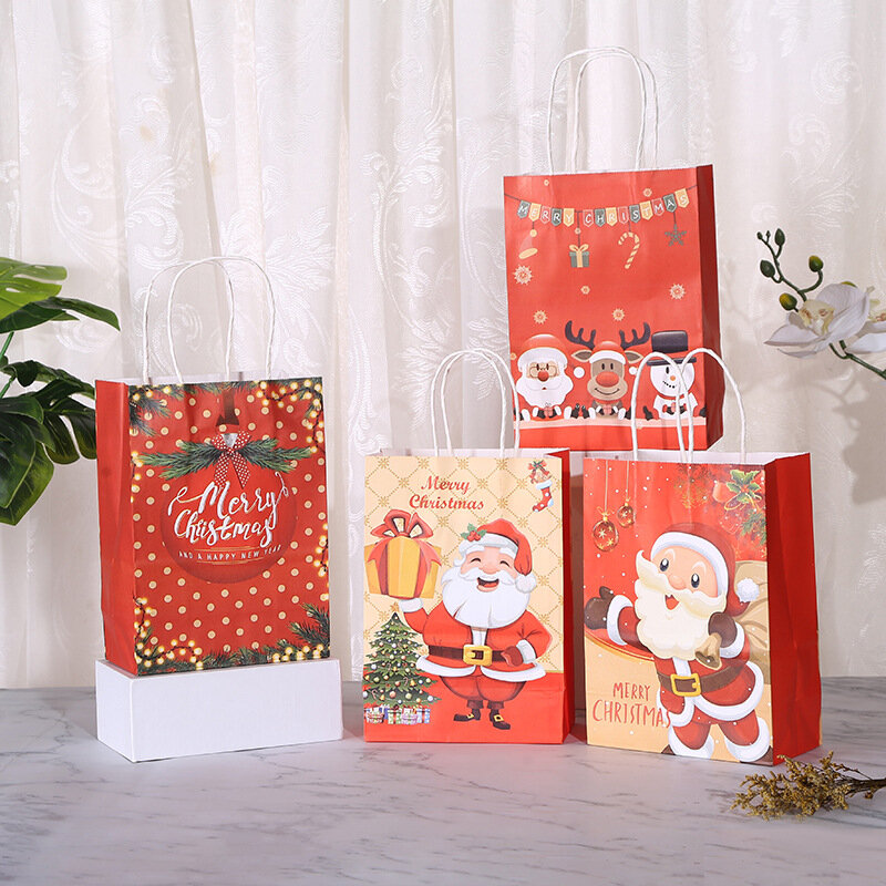 Bolsas de regalo de Navidad, bolsa de papel Kraft, bolsa de embalaje de regalo de fiesta de año nuevo, patrón de alce de nieve, bolsa de compras
