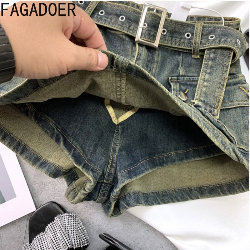 Fagadoer กางเกงยีนส์เอวสูงมีกระเป๋า, กางเกงยีนส์ cewek seksi แฟชั่นสตรีทแวร์กางเกงกระโปรงสอบฤดูร้อนกางเกงคาวบอยคาร์โก้ผู้หญิง