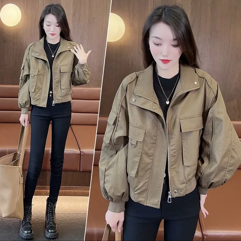 Spring Autumn Women's Hooded Jacket Korean Loose Tooling Solid Color Short Windbreaker Coat Casual Pocket Outerwear