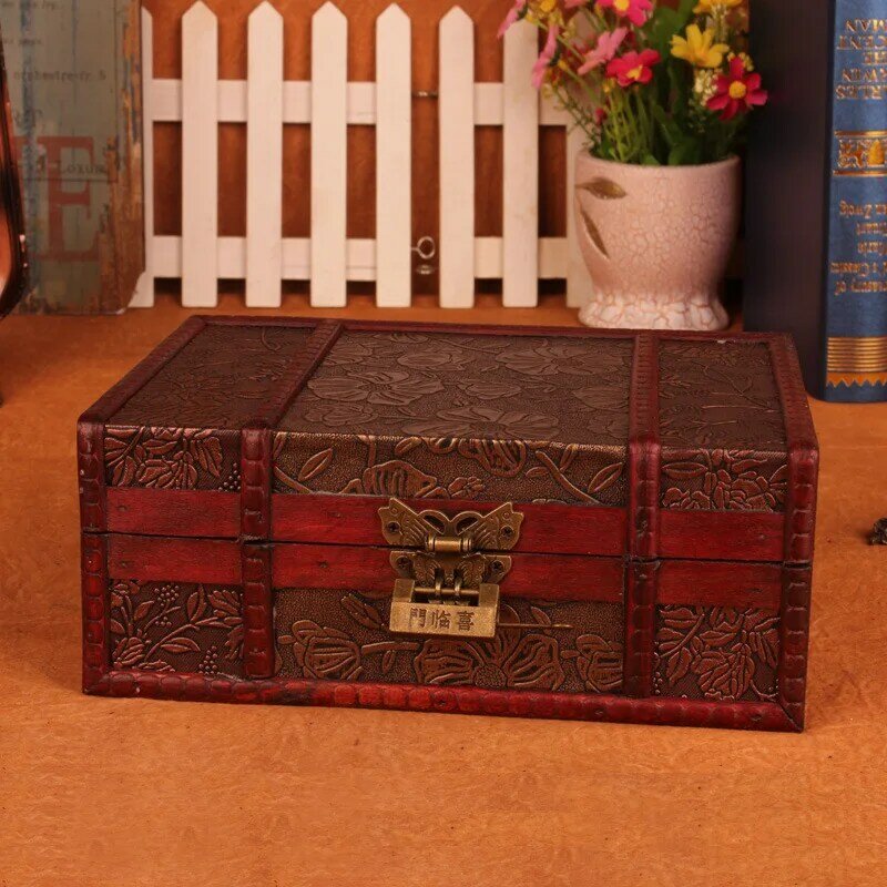Retro Storage Box Desktop Jewelry finitura cosmetica con serratura scatola di legno fotografia puntelli scatola di immagazzinaggio in legno