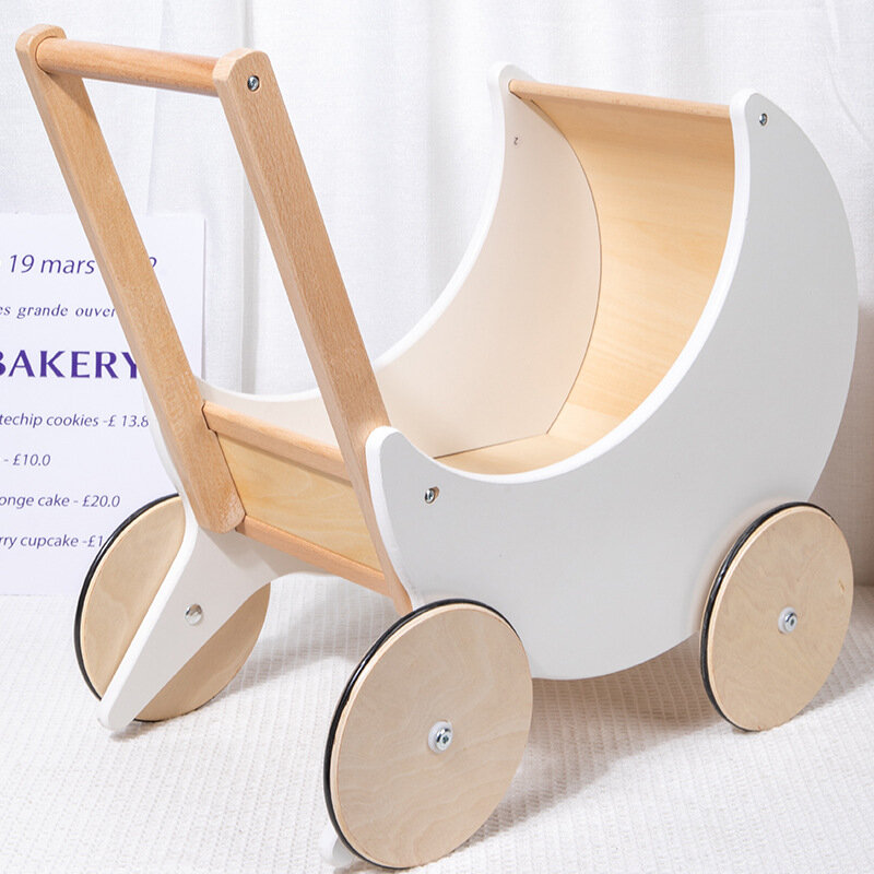 Neue nordische hölzerne weiße Mond Kinderwagen Kinder Hand Push Walker Spielzeug