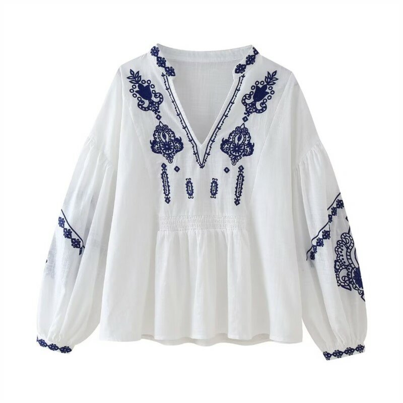TRAF Elegant Blouse for Women Summer European and American Style Beads Cropped Long Sleeve Women Clothing Casual Blouses