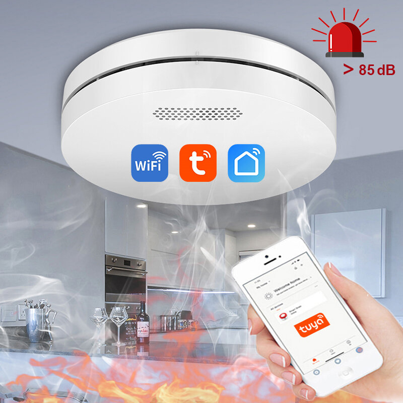 Sensor Detector de humo de seguridad para el hogar, dispositivo de alarma de sonido con función WiFi, ultrafino, Tuya e Smart Life, para Cocina