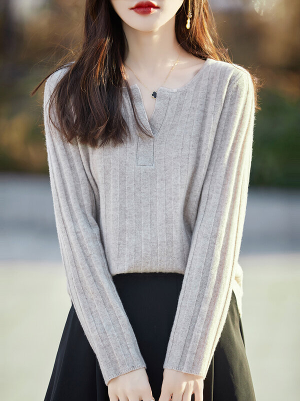 Женский кашемировый свитер с V-образным вырезом и длинным рукавом