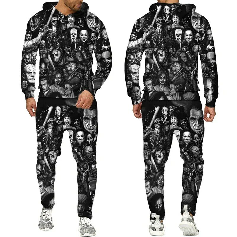 Pakaian pasangan motif 3D baru pakaian pesta badut Halloween mode pria wanita baju olahraga hoodie Crewneck + celana S-7XLHarajuku ukuran Plus