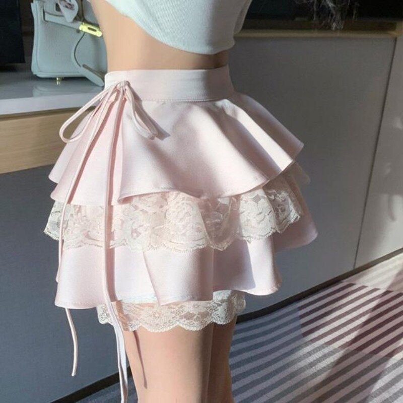 Lolita Jepang wanita 2024 musim panas baru tinggi menunggu kain perca tali serut Fashion Solid elegan kasual A-line kue berbulu rok