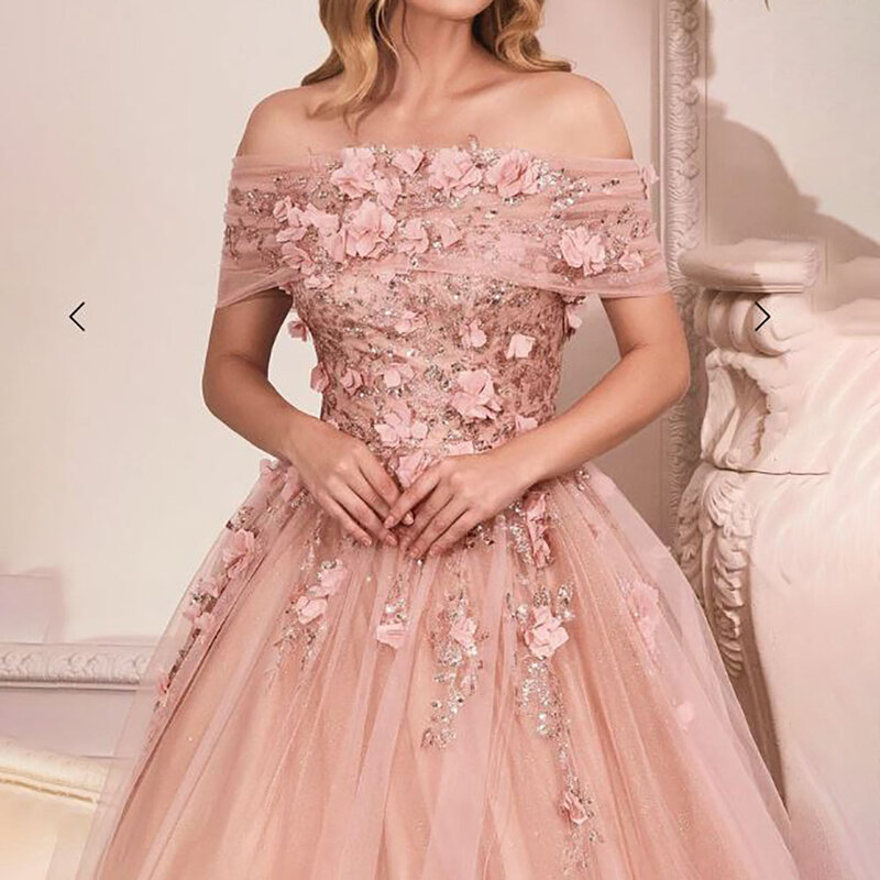 A-Line Off-Shoulder Straight Neck 3D Floral Appliques Sequined Pleated Prom Evening Gown Vestido para Mujer