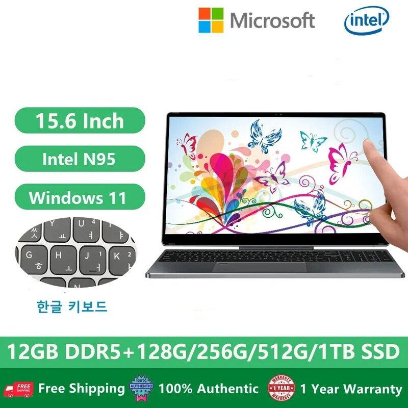 Notebook Gaming Touch Screen, Windows 11, 15.6 Polegada, 12th Gen, Intel N95, 12GB, DDR5, 1TB, Netbook, Teclado coreano, 2 em 1, 2023