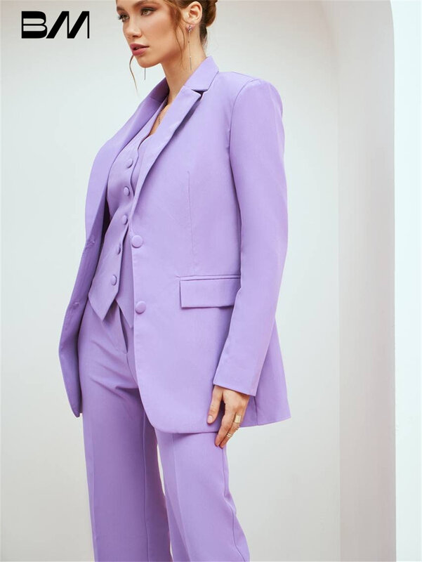 ชุดสูททักซิโด้สำหรับผู้หญิงขนาดใหญ่พิเศษชุดทำงานแบบสามชิ้นสูท pakaian resmi สีม่วงสำหรับงานพรอมผู้หญิงเสื้อกั๊กกางเกง