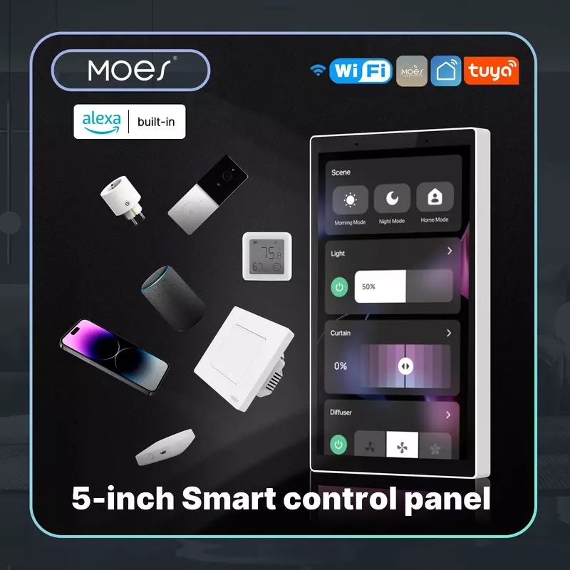 MOES Tuya Panel kontrol pusat 5 inci, Wifi, layar sentuh cerdas, kontrol suara Alexa dan ZigBee Gateway kontrol adegan bawaan