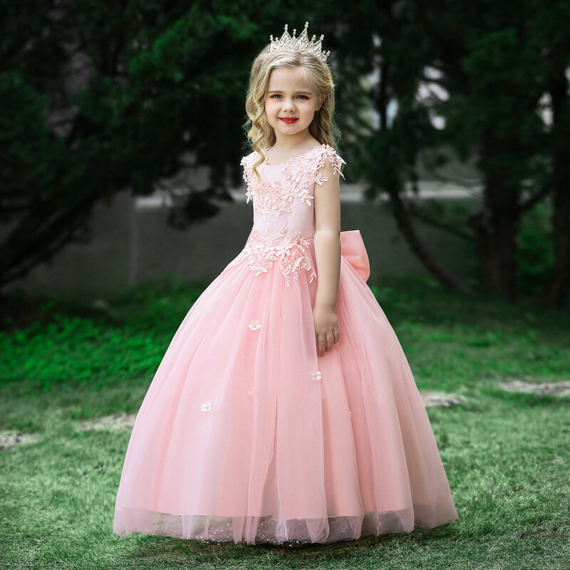 Новое Детское платье принцессы вышитые цветы открытая спина большой бант цветок детское свадебное платье для ведущих девочек