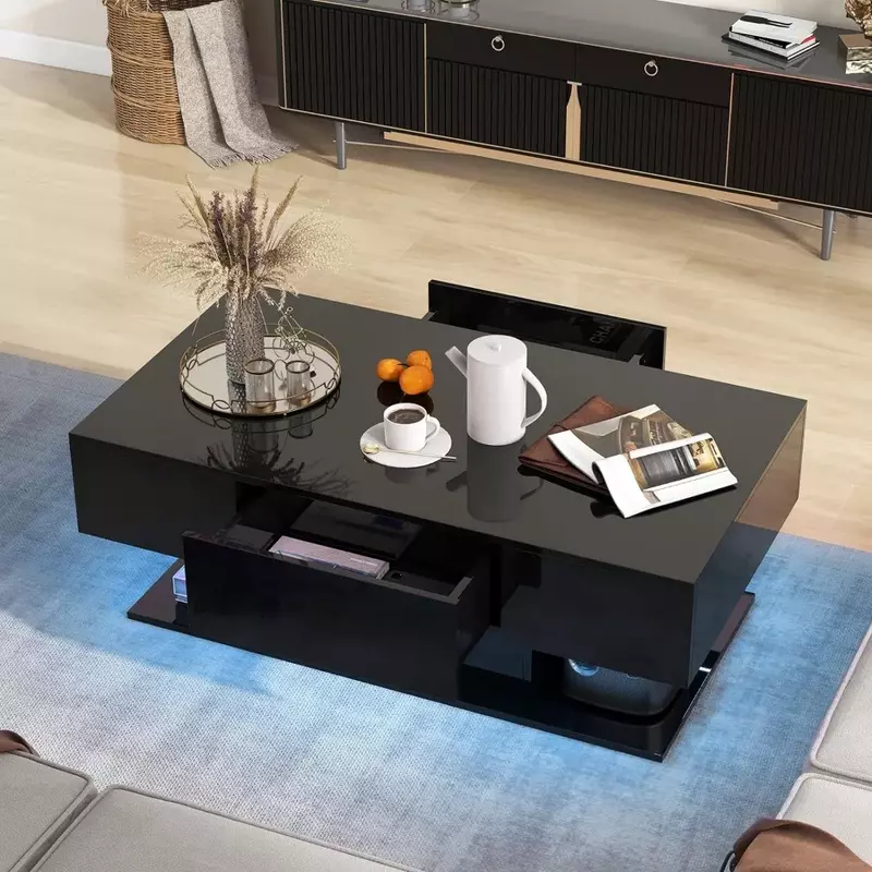 Coffee Table - 2-Tier Center Table LED W/ 2 Storage Drawers, Adjustable Brightness & Speed, 20-Color Light, Coffee Table