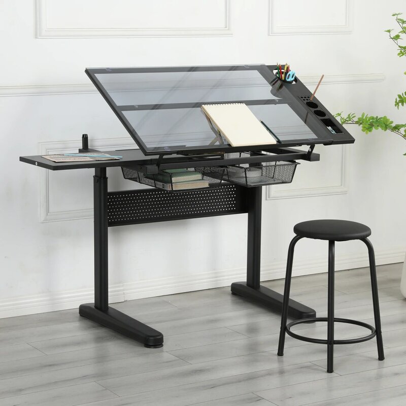 مكتب رسم قابل للتعديل مع كرنك يدوي ، طاولة رسم ، أسود ، درجين معدنين
