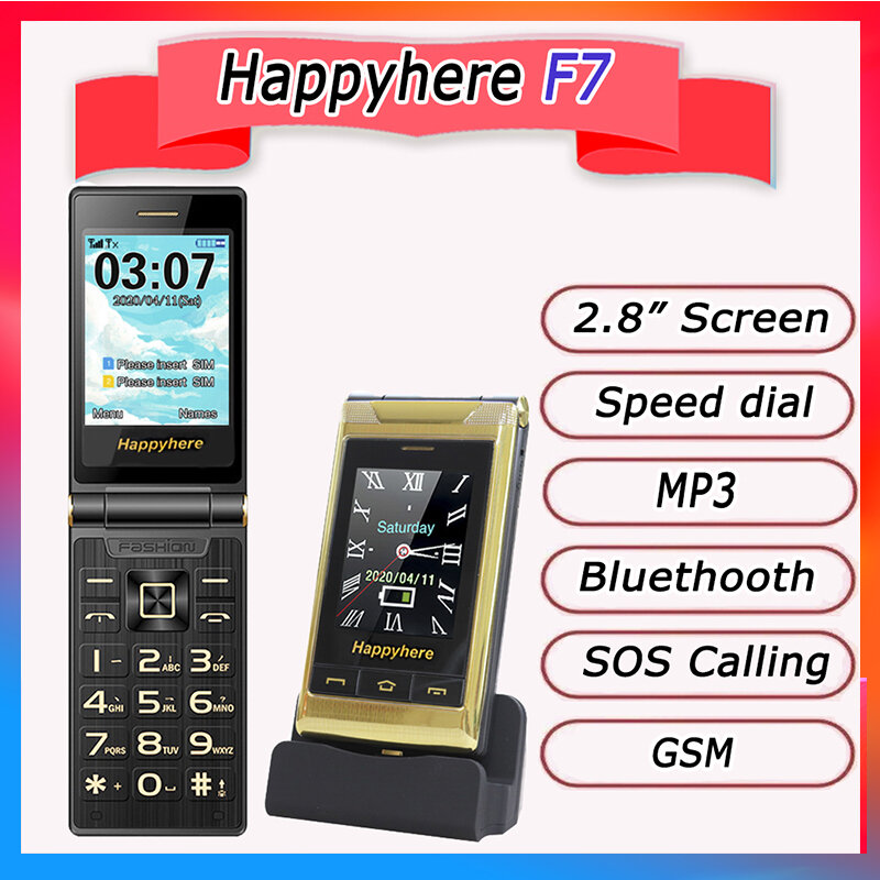 Happyhere ponsel flip F7, HP 2.8 inci layar tidak terkunci celular speed dial SOS radio FM tombol tekan senior