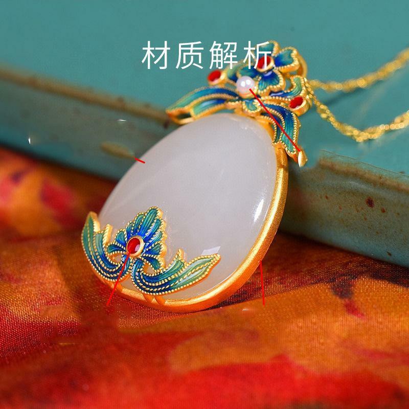 Antique Chinese Style Jade Colar de Pingentes, Prata, Incrustados, Natural, Branco, Palácio com Cheongsam, Hotan Jade Jóias