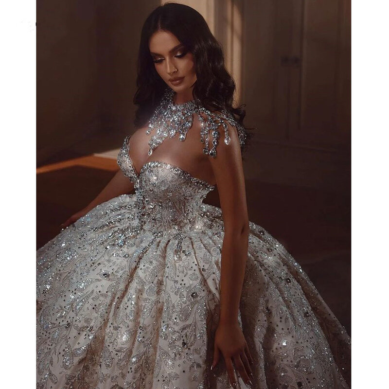 Gaun pernikahan Dubai kristal berlian tanpa tali mewah gaun pesta Sweetheart tanpa lengan manik-manik gaun pengantin Arab Saudi Vestidos