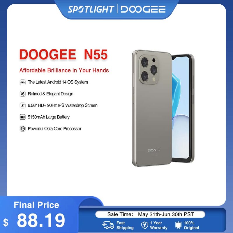 DOOGEE N55 스마트폰, 6.56 인치 90Hz IPS 화면, 9GB RAM + 128GB 얼굴 잠금 해제, 5150mAh 대용량 배터리, 옥타코어, 안드로이드 14