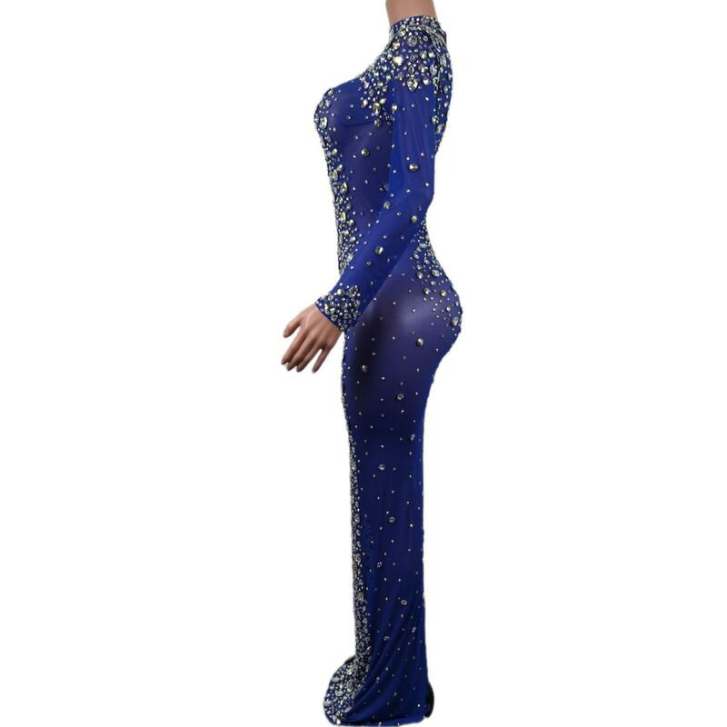Shining Crystal Rhinestones Sexy Long Split Dress for Women Evening Banquet Clothing Stage Costumes Entertainer Wears Cuixing