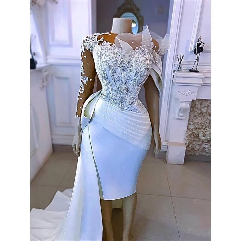 Arabic Long Sleeves Wedding Dresses Bridal Gown Lace Applique Beaded Knee Length Designer Jewel Neck Ruffles Custom Made Vestido