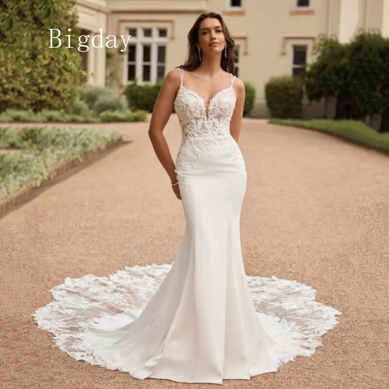 Elegant Sweetheat Wedding Dresses Mermaid Lace Open Back White Satin Spaghetti Straps Bridal Gown Court Train Vestidos De Novia