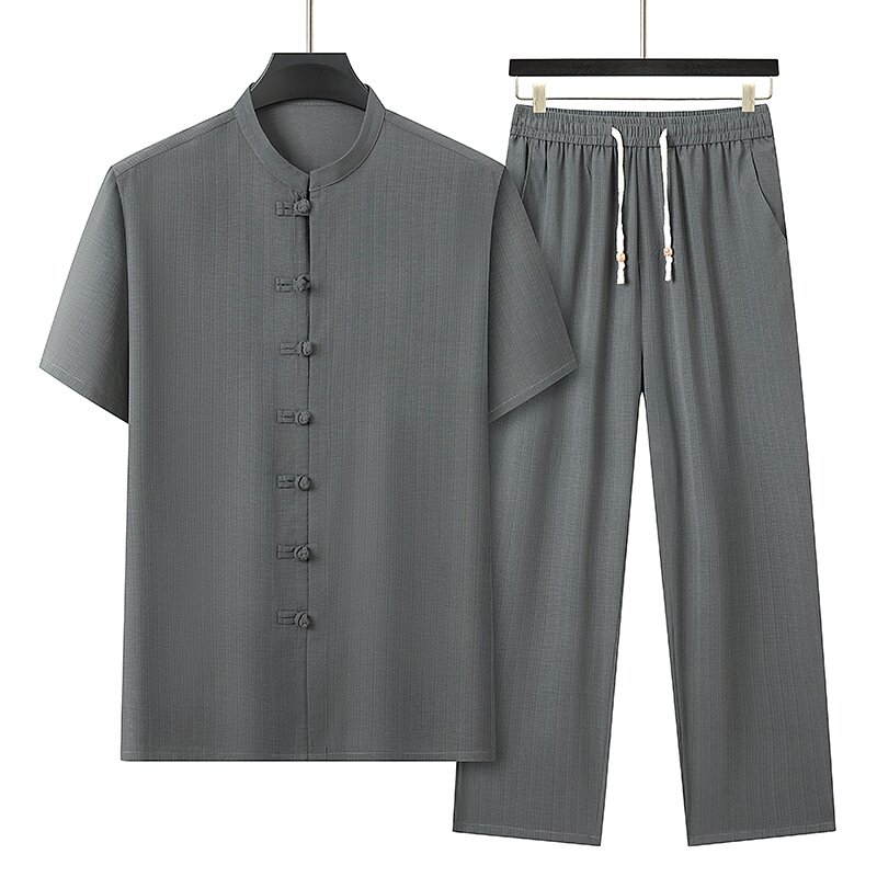 Koszule + spodnie w stylu chińskim lato 100% bawełna lniana odzież sportowa męskie zestawy casualowe wiosna moda męska spodnie i t-shirty