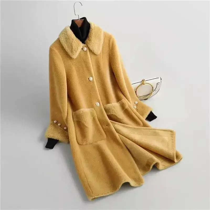 Новинка 2023, женское осенне-зимнее теплое пальто из натурального меха ягненка, женские свободные куртки из натурального меха, женское длинное однотонное пальто O518