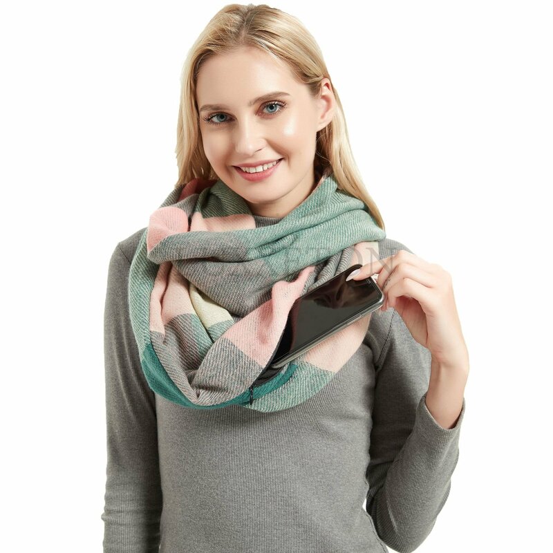 Женский кашемировый шарф в шахматную клетку, зимний теплый шарф со скрытым карманом на молнии, женский теплый шарф-кольцо для путешествий