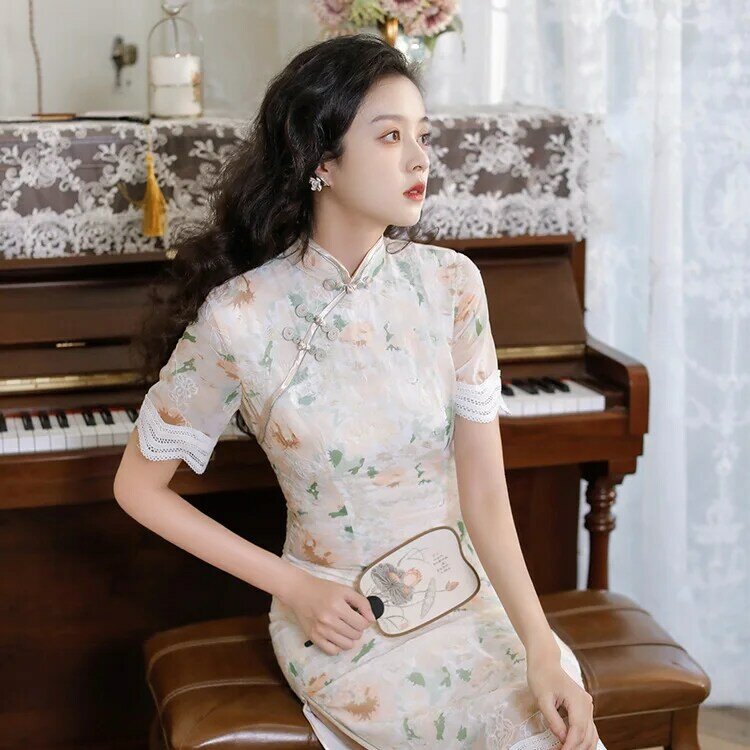 Sexy Lace Patchwork Cheongsam Vestidso High Split Short Sleeve Evening Party Dress Women Vintage Mandarin Collar Qipao