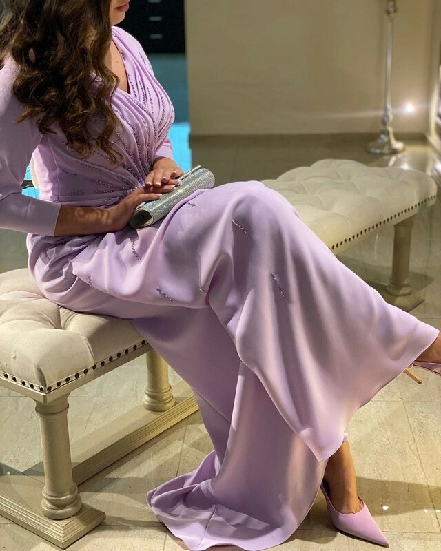 Oisslec Evening Gowns for Women Elegant Party Saudi Arabia V Neck Beaded Long Sleeves Prom Dresses Side Slit Wedding Guest