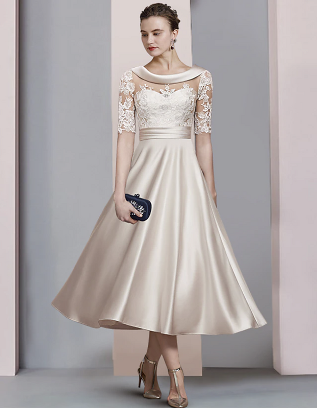 A-Line Mother of the Bride Dress Scoop Neck Tea Length Satin Lace Half Sleeve with Ruched Appliques