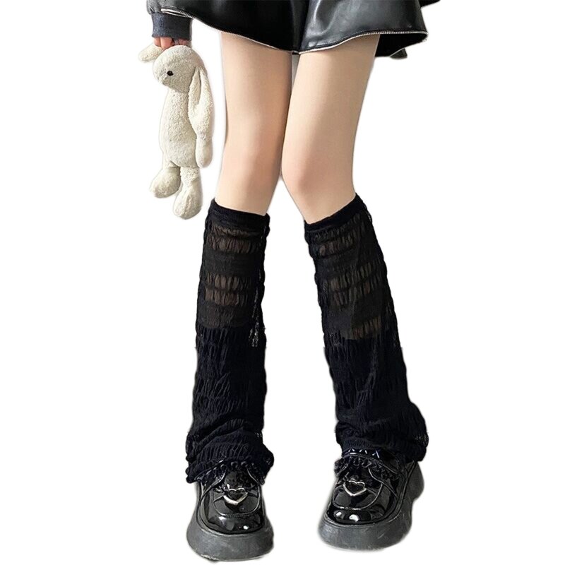 Calentadores pierna fina estilo japonés para mujer, adornos con volantes, plisados, acanalados, a rayas, pierna ancha,