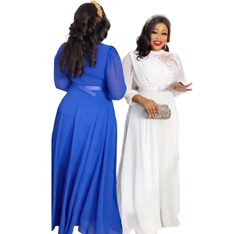 2023 African Dress Chiffon Hot Diamond Beaded Long-sleeved Belt African Dress Mopping Long Skirt Women's Clothing 8648#