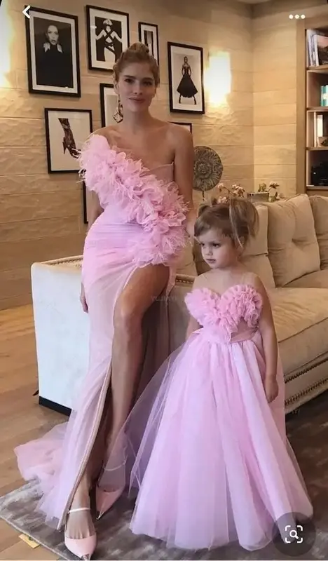 Gaun Prom merah muda ibu gaun Tulle pas badan gaun anak perempuan gaun malam pesta ulang tahun Ibu dan Anak pemotretan