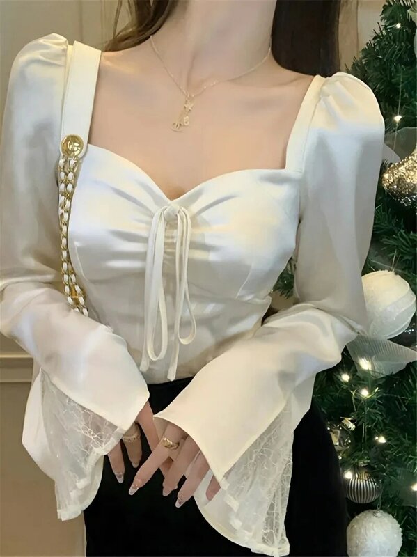 Женская элегантная кружевная рубашка в стиле пэчворк с расклешенными рукавами сексуальный тонкий Топ Летняя мода милый высокий винтажный кавайный корейский женский топ