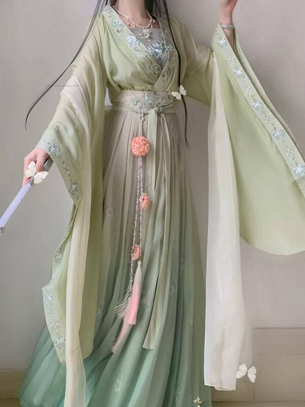 ชุด Hanfu จีนดั้งเดิมชุดสตรีแบบปักลายโบราณชุดชุดคอสเพลย์ผู้หญิงนางฟ้าชุดฤดูร้อนสีเขียว