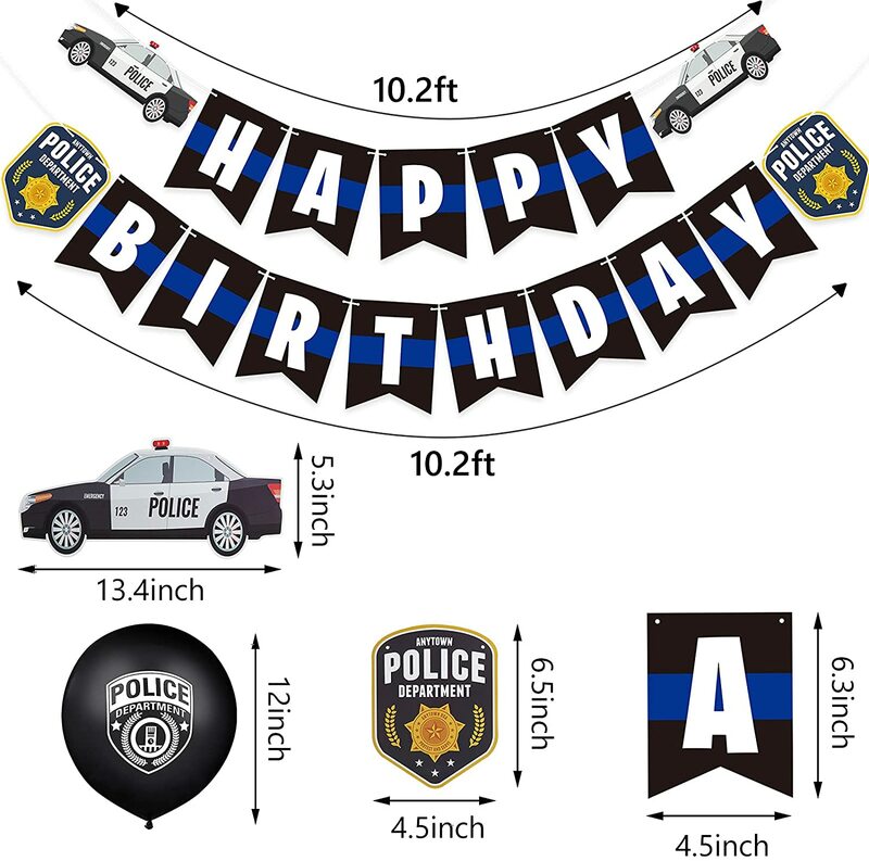 ديكور حفلة موضوع الشرطة ، بالونات اللاتكس ، راية عيد ميلاد سعيد ، دوامة معلقة ، لوازم عيد ميلاد