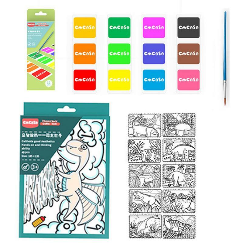 Livre de coloriage d'interconnexion mignon pour enfants, peinture de poche avec peintures et brosse, nettoyage, 3