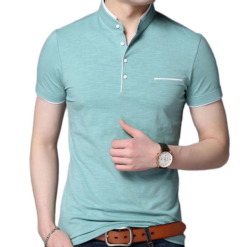 Летняя мужская рубашка поло с коротким рукавом, Однотонная рубашка поло с воротником-стойкой, Мужская Модная приталенная Повседневная хлопковая дышащая футболка
