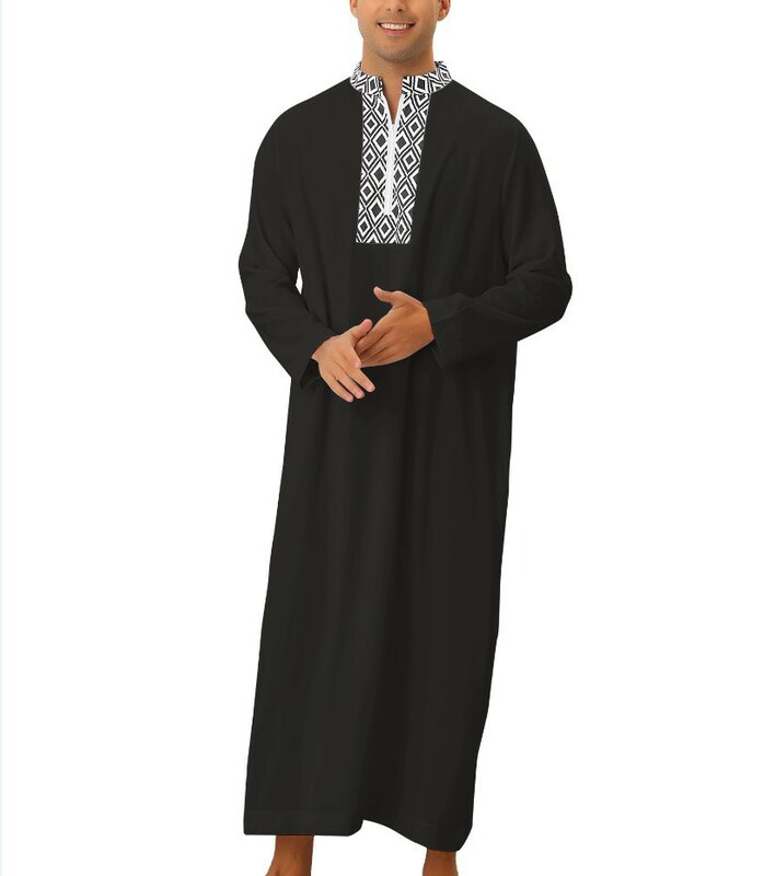 ملابس رجالية إسلامية بأكمام طويلة ورقبة على شكل حرف v باللون الأسود والرمادي والأحمر والبوليستر مطبوع عليها Jubba Thobe ملابس رجالية إسلامية عباية إسلامية